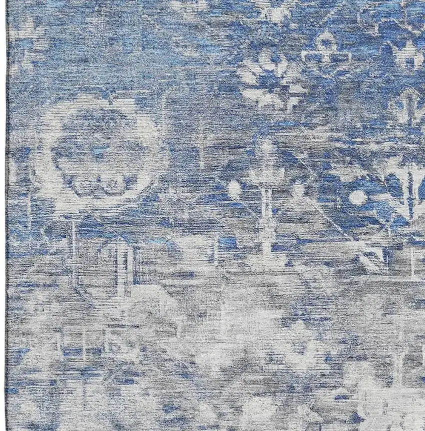 Blue Gray And Silver Floral Washable Area Rug With UV Protection Photo 5