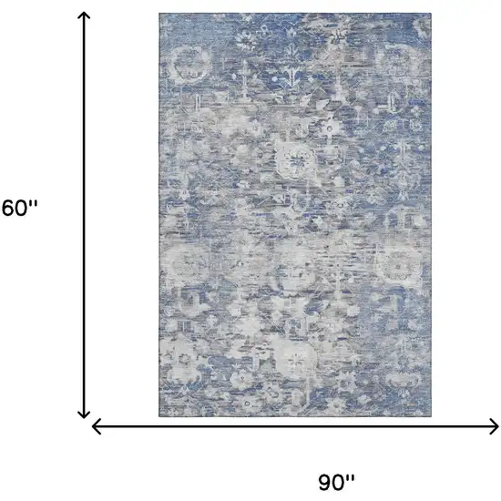 Blue Gray And Silver Floral Washable Area Rug With UV Protection Photo 5