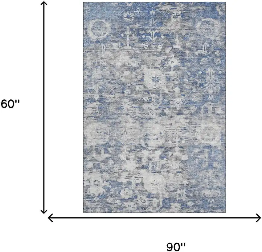 Blue Gray And Silver Floral Washable Area Rug With UV Protection Photo 5