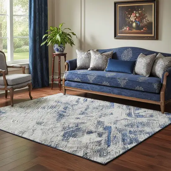 Blue Gray And Silver Floral Washable Area Rug With UV Protection Photo 2