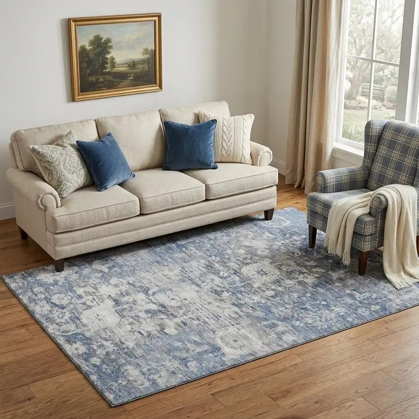 Blue Gray And Silver Floral Washable Area Rug With UV Protection Photo 1
