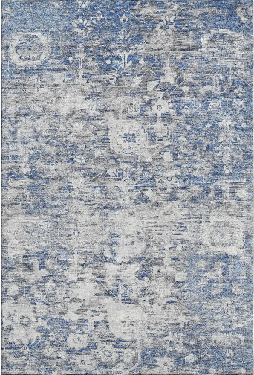 Blue Gray And Silver Floral Washable Area Rug With UV Protection Photo 6