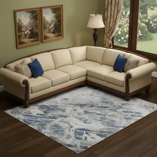 Blue Gray And Silver Floral Washable Area Rug With UV Protection Photo 2