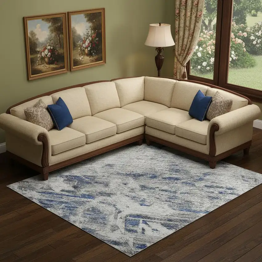 Blue Gray And Silver Floral Washable Area Rug With UV Protection Photo 2