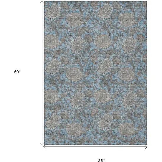 Blue Gray And Silver Floral Washable Indoor Outdoor Area Rug Photo 3