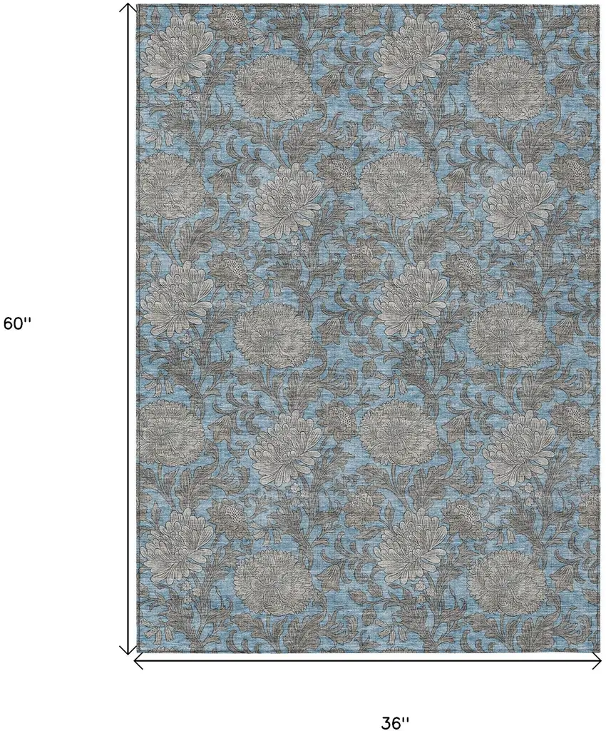 Blue Gray And Silver Floral Washable Indoor Outdoor Area Rug Photo 3