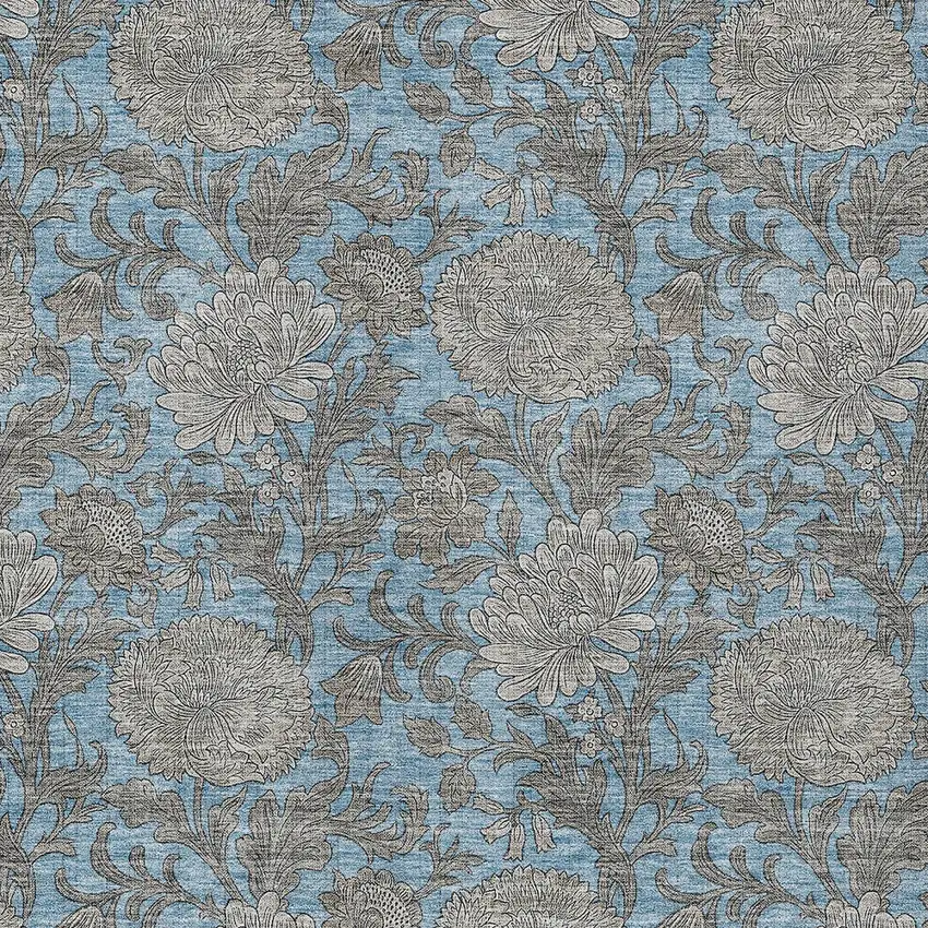Blue Gray And Silver Floral Washable Indoor Outdoor Area Rug Photo 7