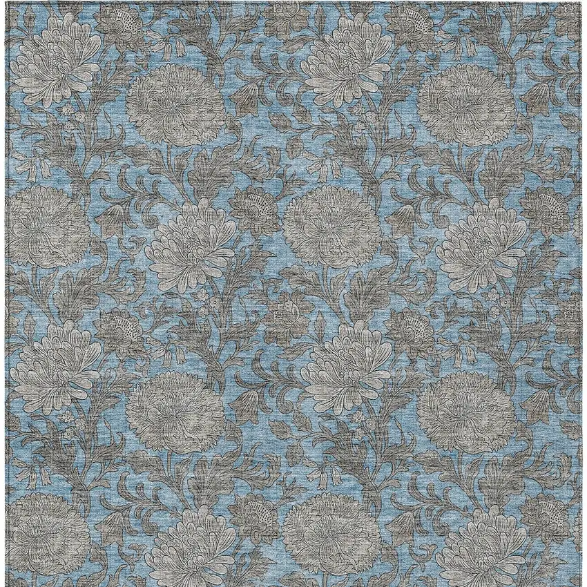 Blue Gray And Silver Floral Washable Indoor Outdoor Area Rug Photo 8