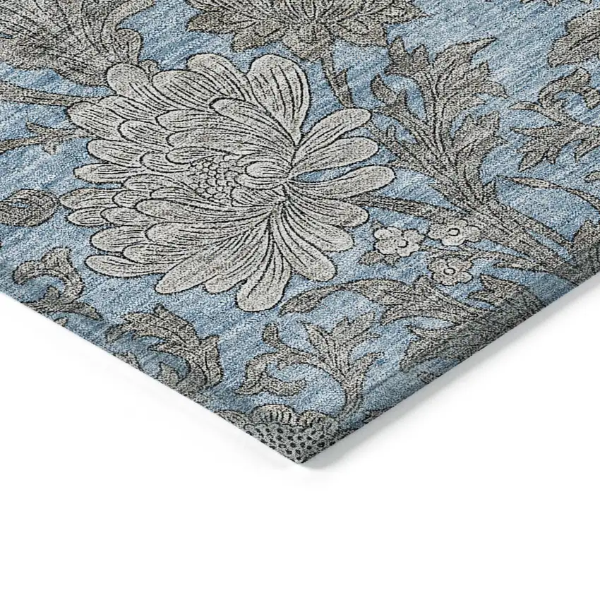 Blue Gray And Silver Floral Washable Indoor Outdoor Area Rug Photo 5