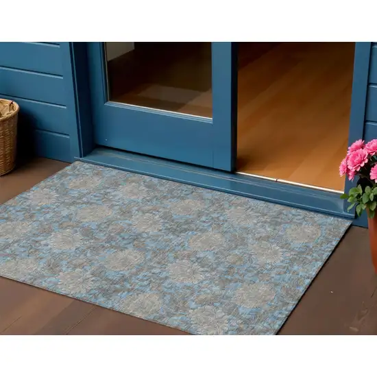 Blue Gray And Silver Floral Washable Indoor Outdoor Area Rug Photo 1