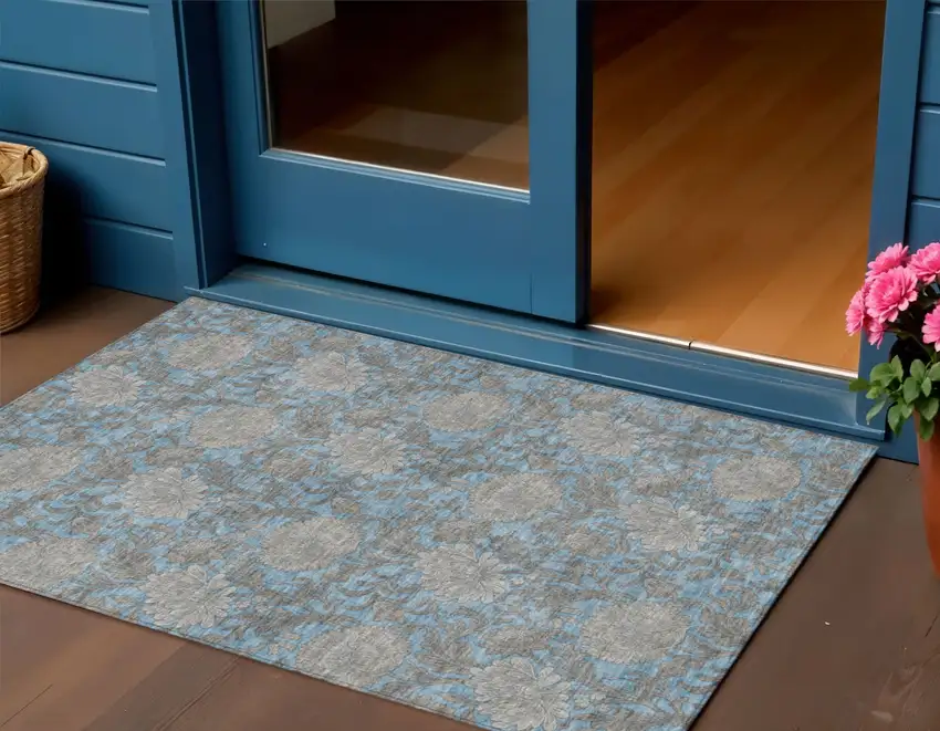 Blue Gray And Silver Floral Washable Indoor Outdoor Area Rug Photo 1