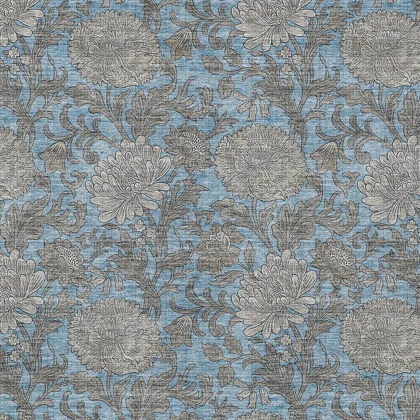 Blue Gray And Silver Floral Washable Indoor Outdoor Area Rug Photo 7