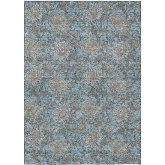 Blue Gray And Silver Floral Washable Indoor Outdoor Area Rug Photo 2