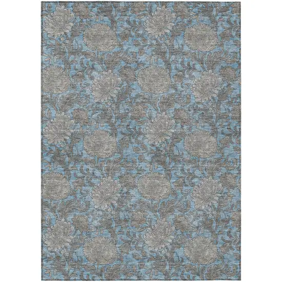 Blue Gray And Silver Floral Washable Indoor Outdoor Area Rug Photo 2