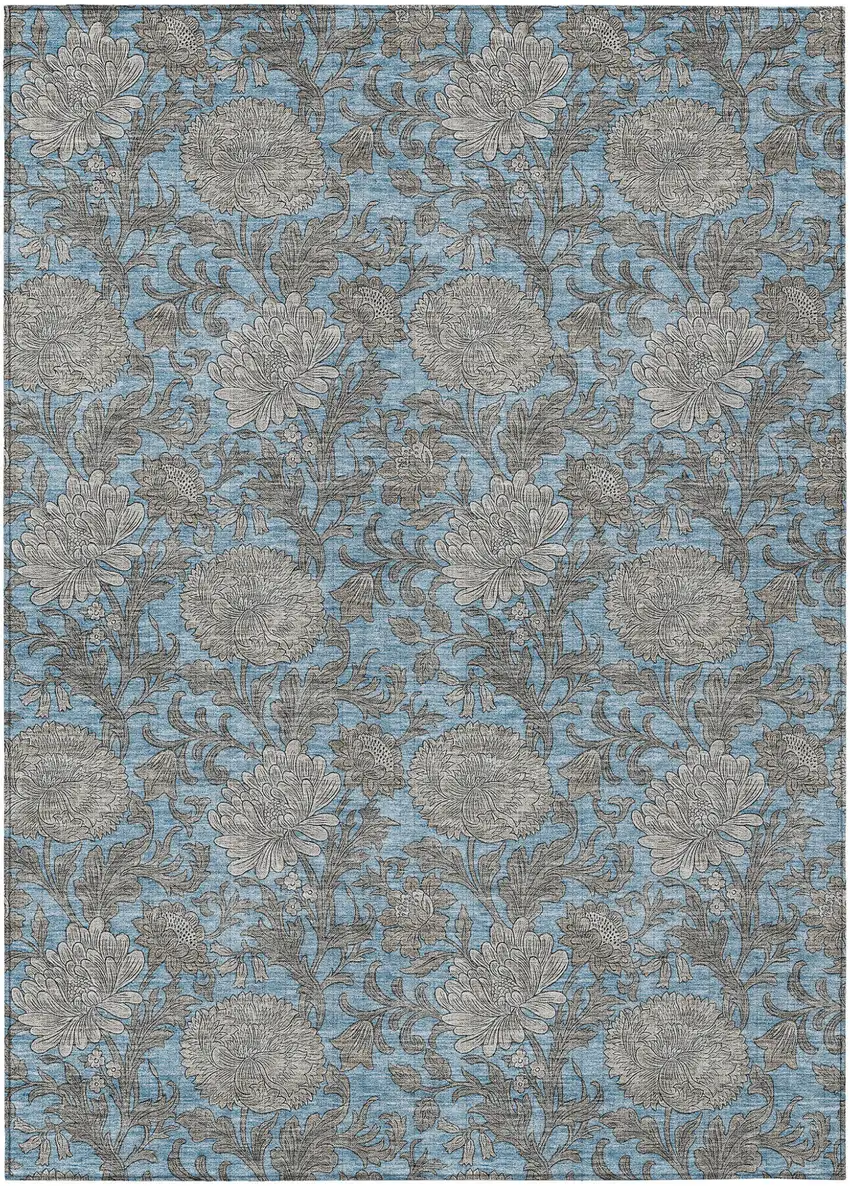 Blue Gray And Silver Floral Washable Indoor Outdoor Area Rug Photo 2