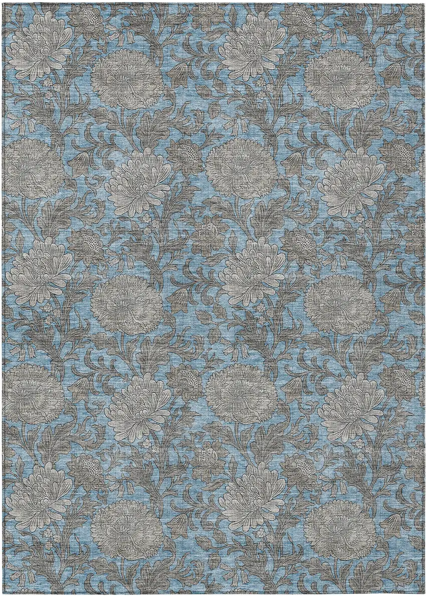Blue Gray And Silver Floral Washable Indoor Outdoor Area Rug Photo 2