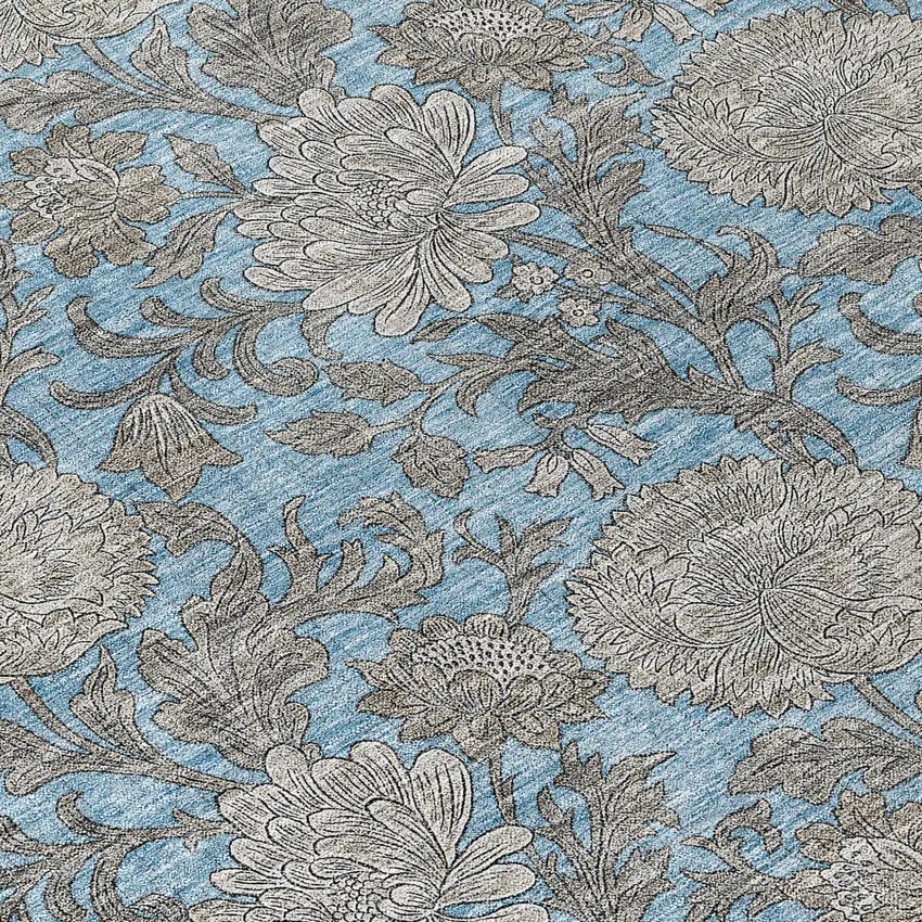 Blue Gray And Silver Floral Washable Indoor Outdoor Area Rug Photo 6