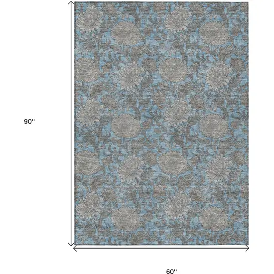 Blue Gray And Silver Floral Washable Indoor Outdoor Area Rug Photo 3