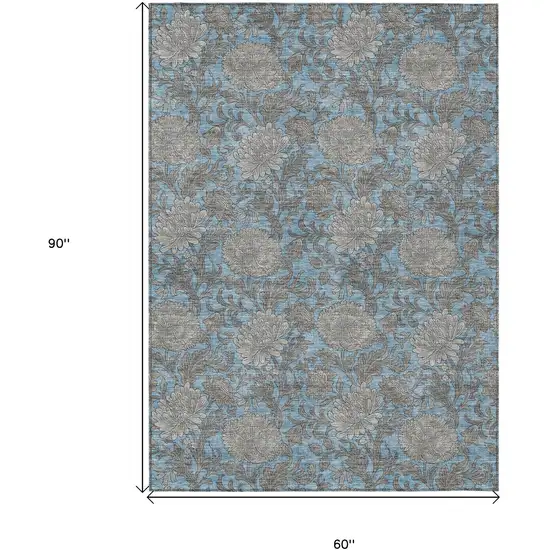 Blue Gray And Silver Floral Washable Indoor Outdoor Area Rug Photo 3
