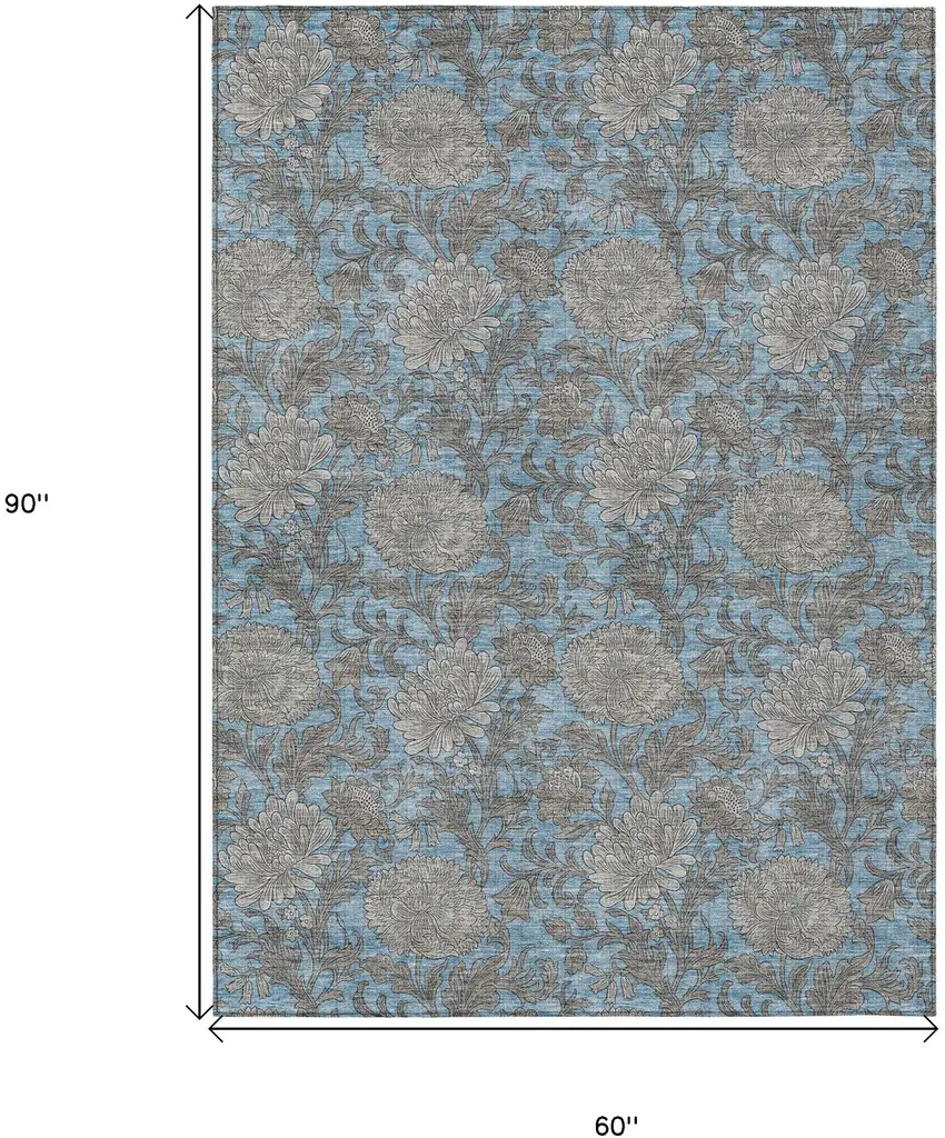 Blue Gray And Silver Floral Washable Indoor Outdoor Area Rug Photo 3