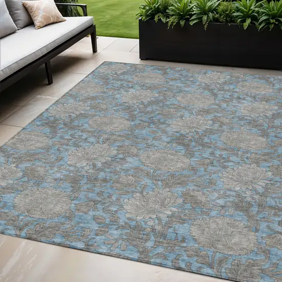Blue Gray And Silver Floral Washable Indoor Outdoor Area Rug Photo 1