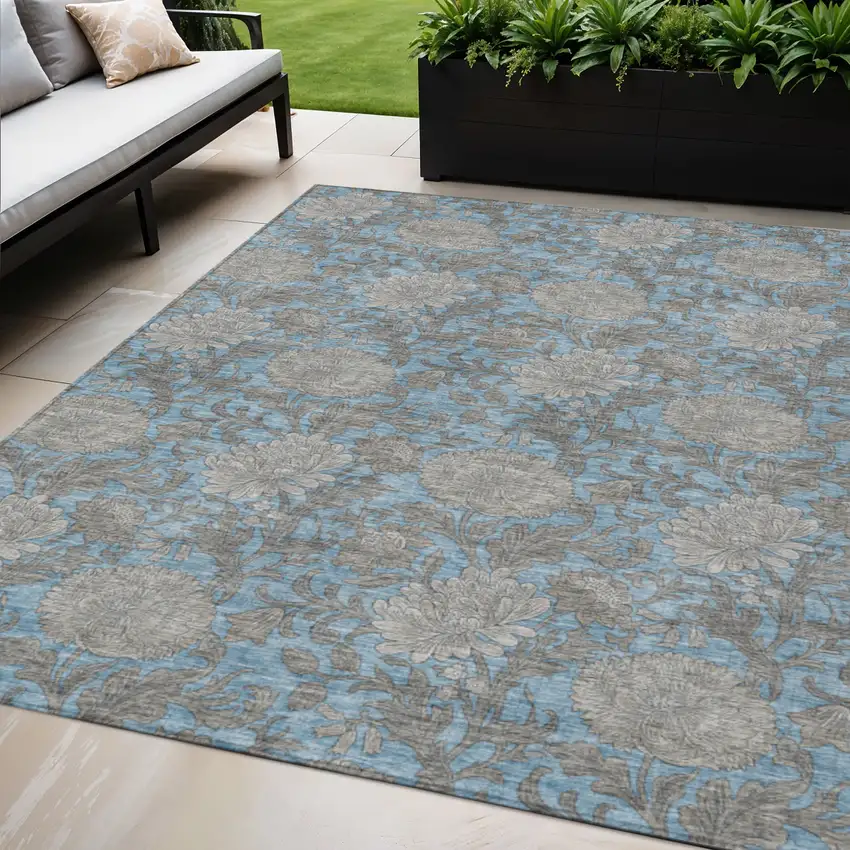 Blue Gray And Silver Floral Washable Indoor Outdoor Area Rug Photo 1