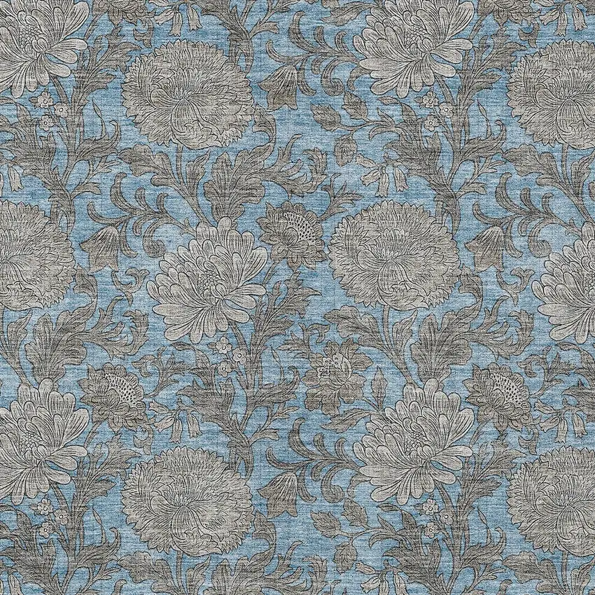 Blue Gray And Silver Floral Washable Indoor Outdoor Area Rug Photo 7
