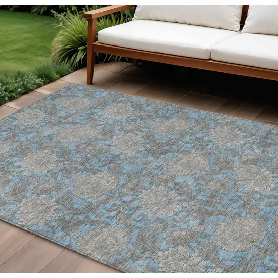 Blue Gray And Silver Floral Washable Indoor Outdoor Area Rug Photo 1