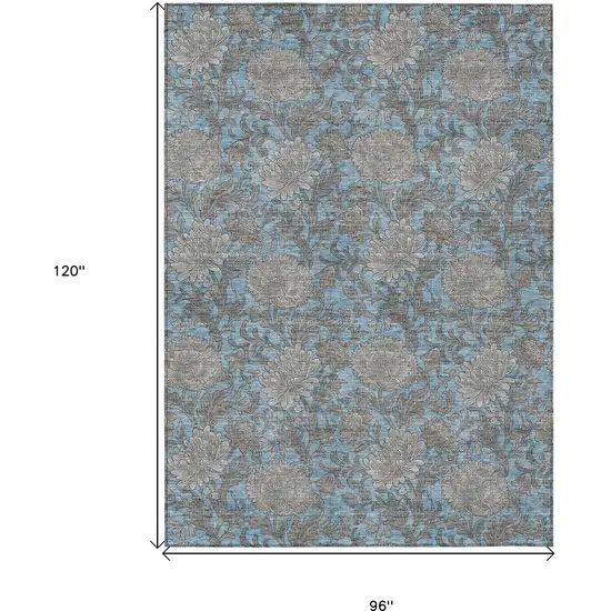Blue Gray And Silver Floral Washable Indoor Outdoor Area Rug Photo 3