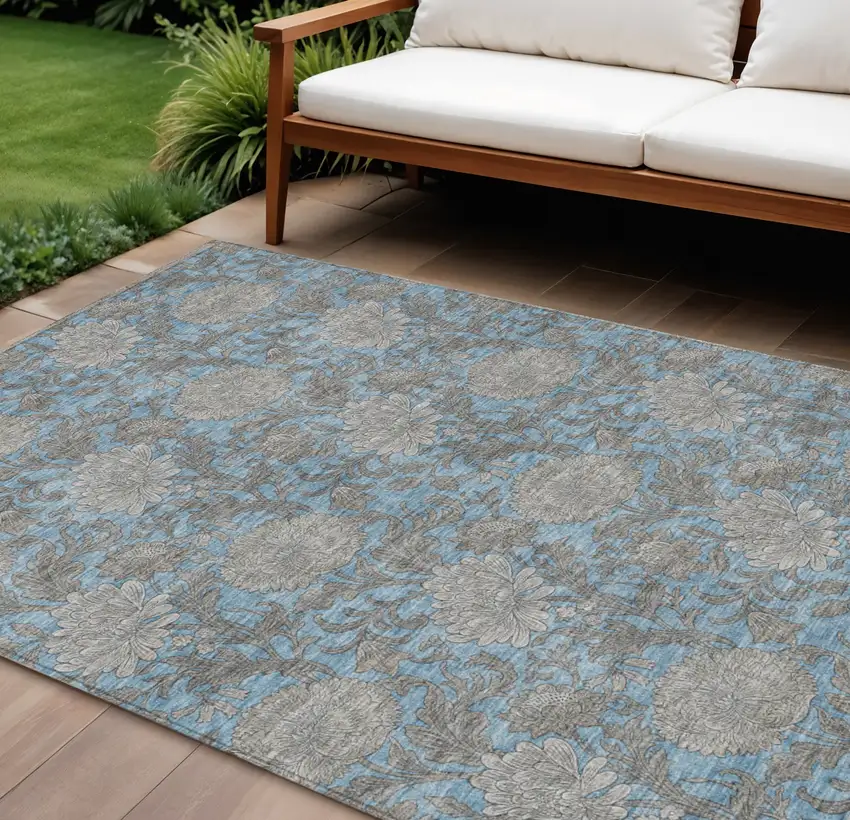 Blue Gray And Silver Floral Washable Indoor Outdoor Area Rug Photo 1