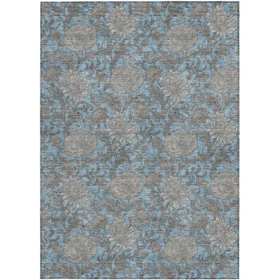 Blue Gray And Silver Floral Washable Indoor Outdoor Area Rug Photo 8