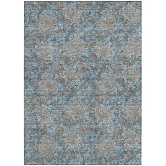 Blue Gray And Silver Floral Washable Indoor Outdoor Area Rug Photo 8