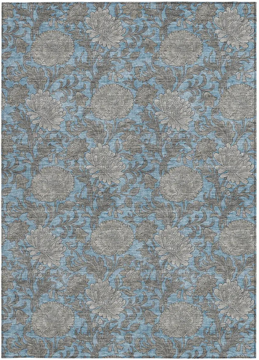 Blue Gray And Silver Floral Washable Indoor Outdoor Area Rug Photo 8