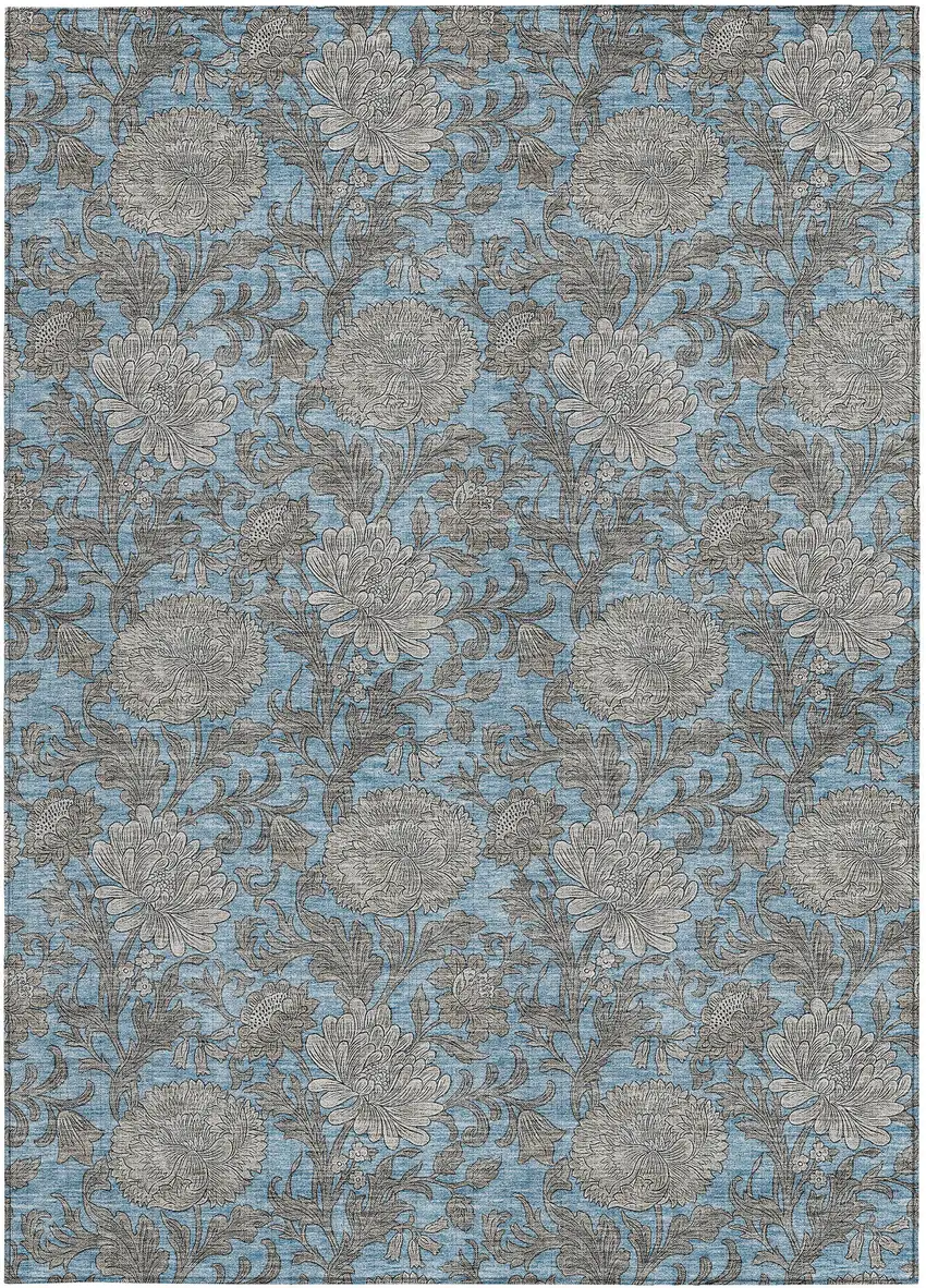 Blue Gray And Silver Floral Washable Indoor Outdoor Area Rug Photo 8
