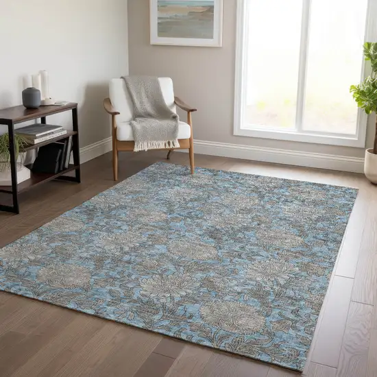 Blue Gray And Silver Floral Washable Indoor Outdoor Area Rug Photo 9