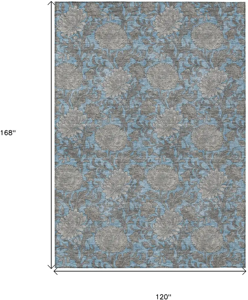 Blue Gray And Silver Floral Washable Indoor Outdoor Area Rug Photo 3