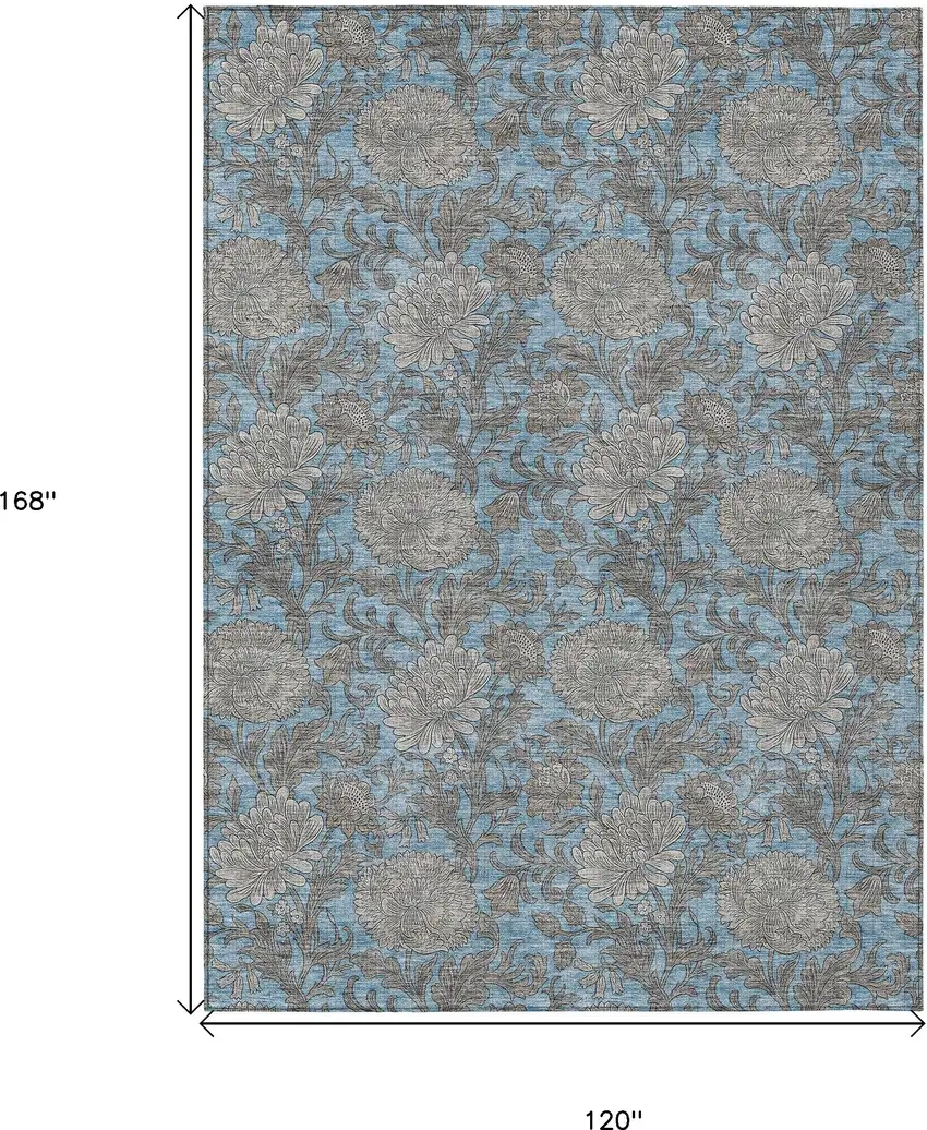 Blue Gray And Silver Floral Washable Indoor Outdoor Area Rug Photo 3