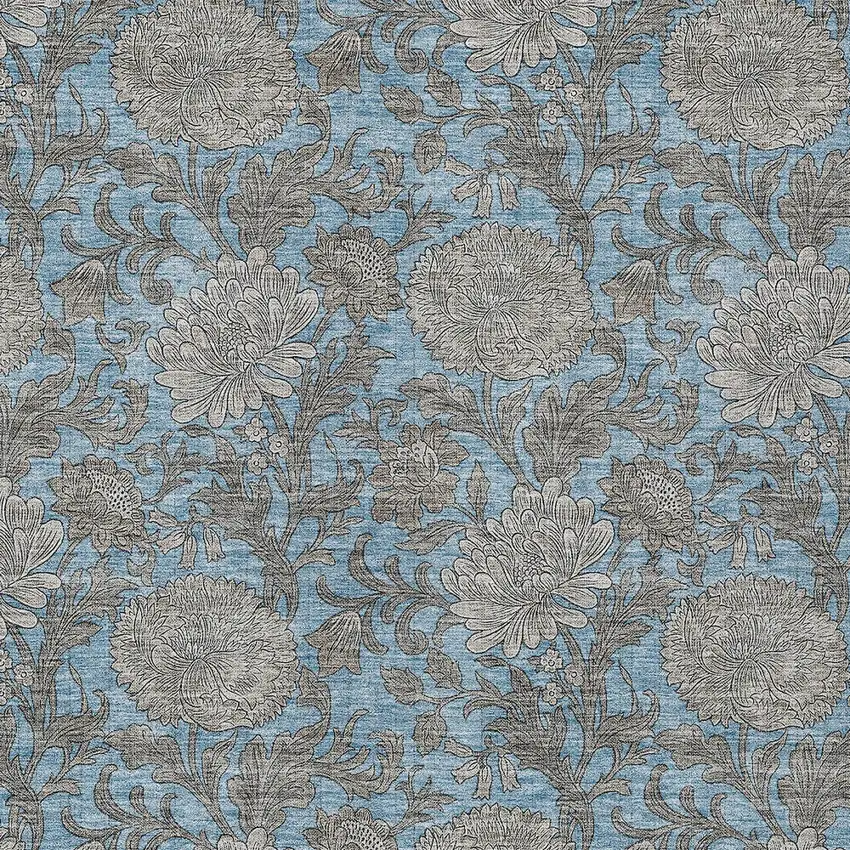 Blue Gray And Silver Floral Washable Indoor Outdoor Area Rug Photo 7