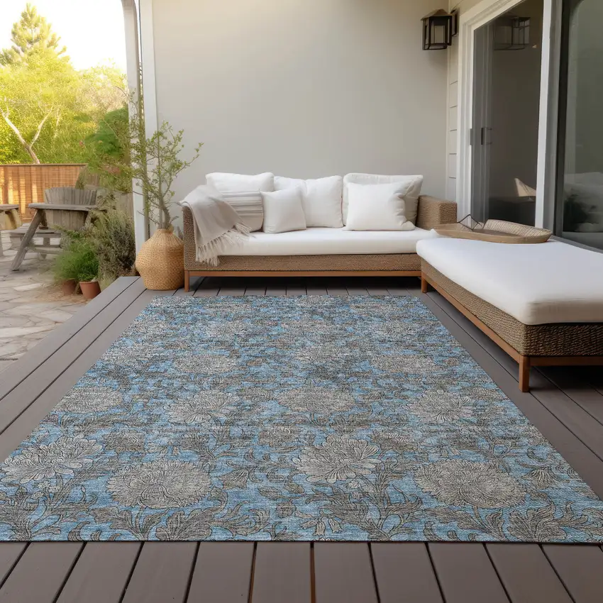 Blue Gray And Silver Floral Washable Indoor Outdoor Area Rug Photo 9