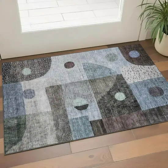 Blue Gray And Silver Geometric Washable Area Rug With UV Protection Photo 2
