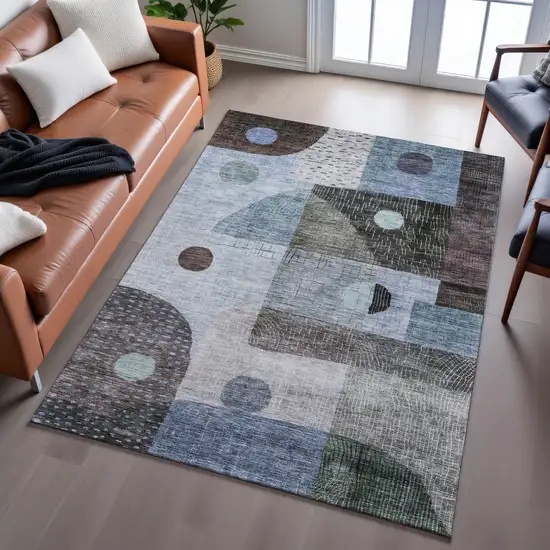 Blue Gray And Silver Geometric Washable Area Rug With UV Protection Photo 5