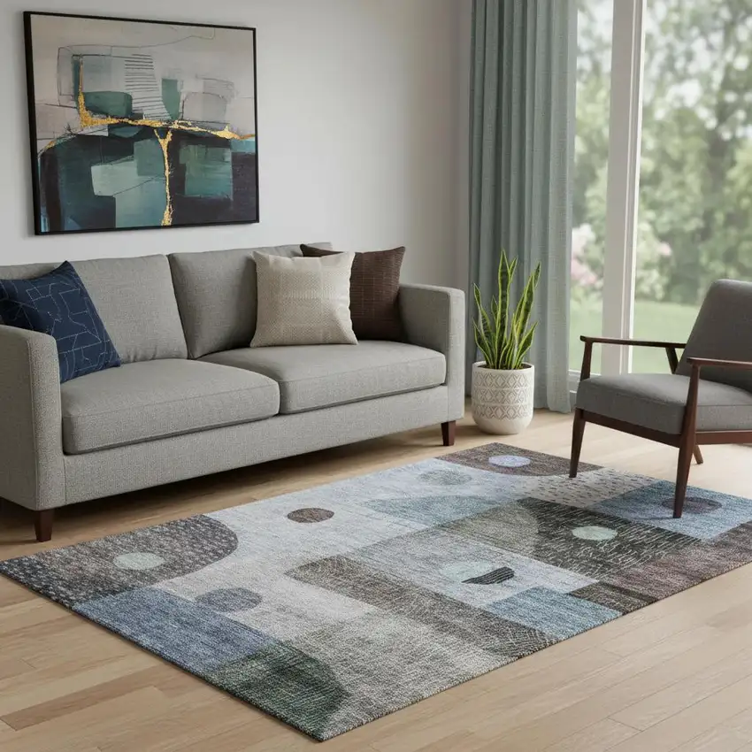 Blue Gray And Silver Geometric Washable Area Rug With UV Protection Photo 2