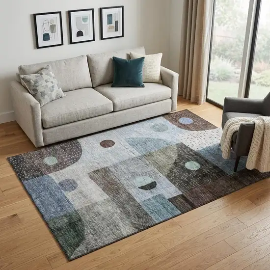 Blue Gray And Silver Geometric Washable Area Rug With UV Protection Photo 1