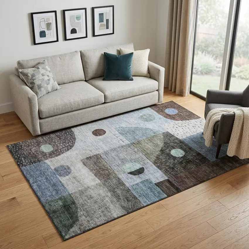 Blue Gray And Silver Geometric Washable Area Rug With UV Protection Photo 1