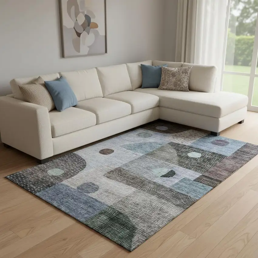 Blue Gray And Silver Geometric Washable Area Rug With UV Protection Photo 2