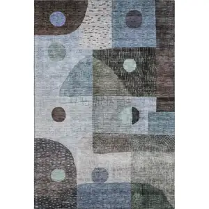 Photo of Blue Gray And Silver Geometric Washable Area Rug With UV Protection