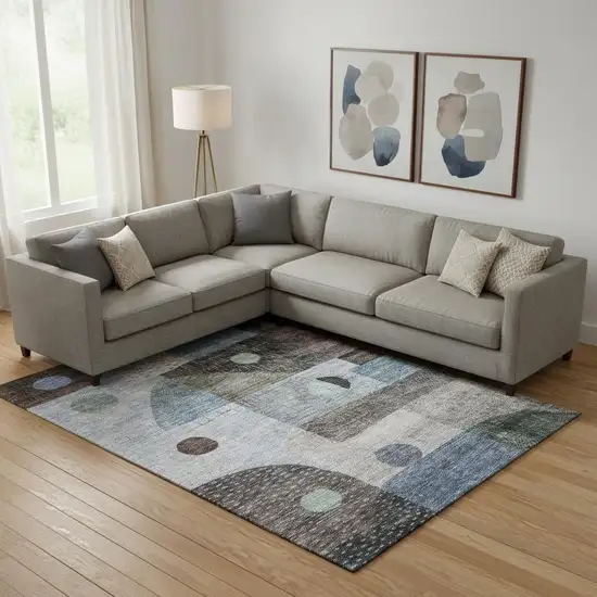 Blue Gray And Silver Geometric Washable Area Rug With UV Protection Photo 2