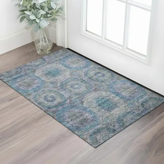 Blue Gray And Silver Geometric Washable Area Rug With UV Protection Photo 2