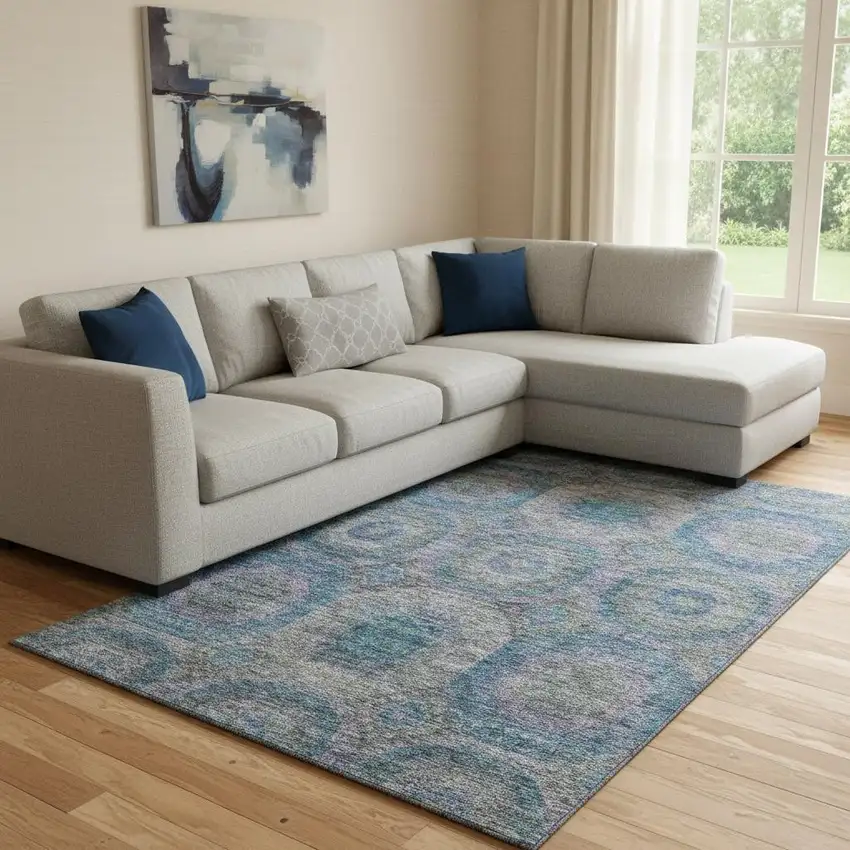 Blue Gray And Silver Geometric Washable Area Rug With UV Protection Photo 2