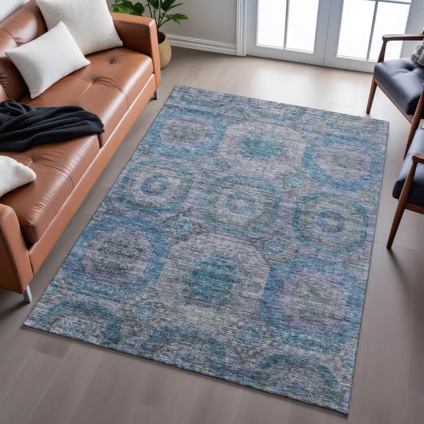 Blue Gray And Silver Geometric Washable Area Rug With UV Protection Photo 4